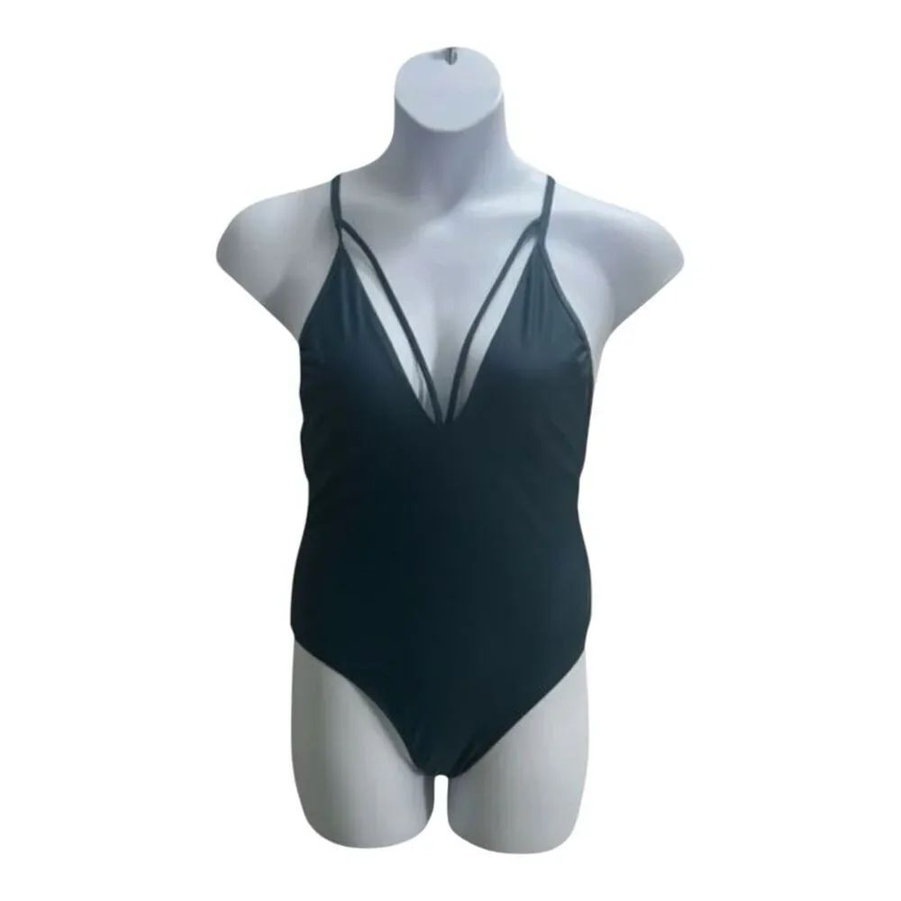 Xhilaration One Piece Swimsuit Size L Green Deep V-Neck Strappy Swimwear Beach